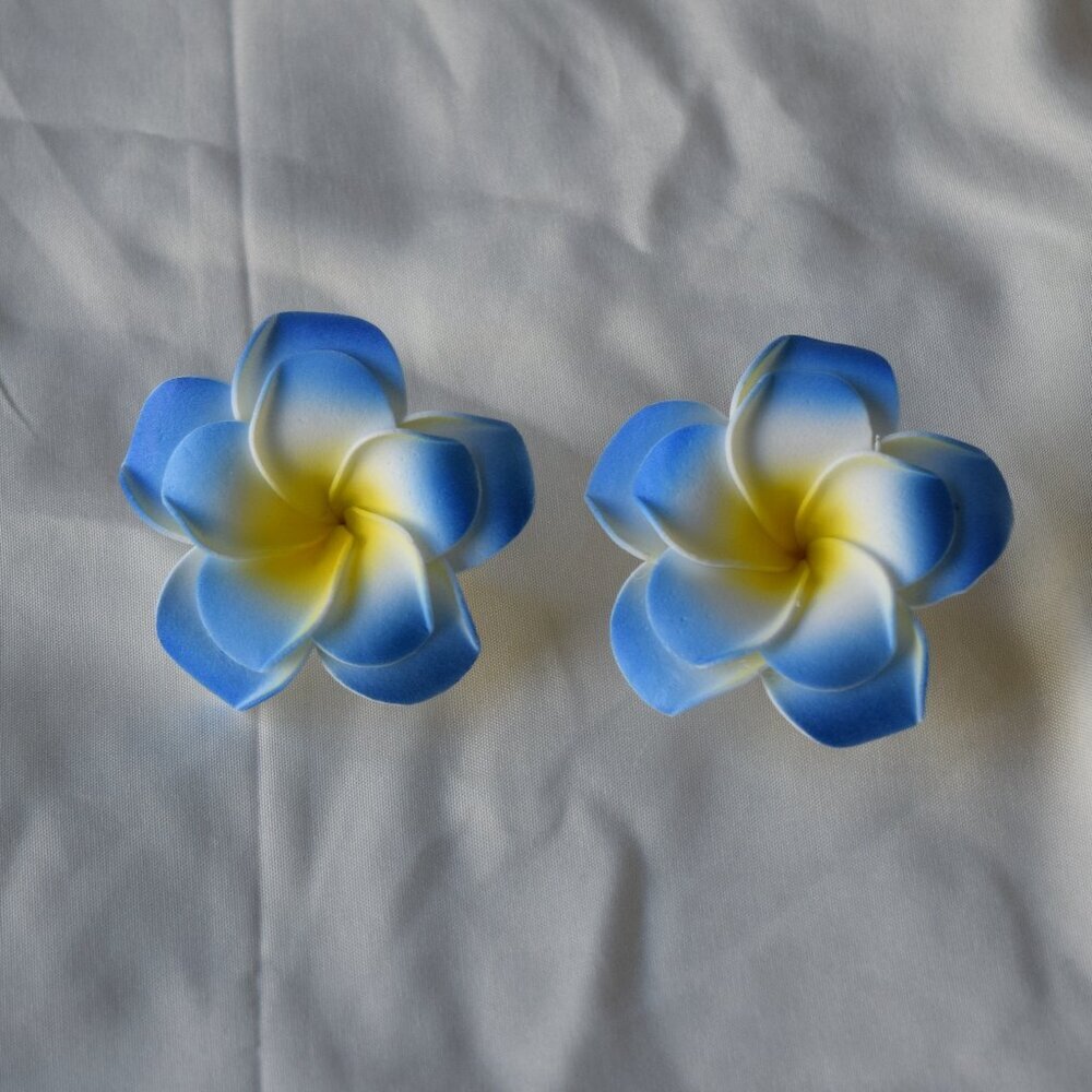 Plumeria Frangipani Foam Flowers with Alligator Clips Set Blue White Yellow